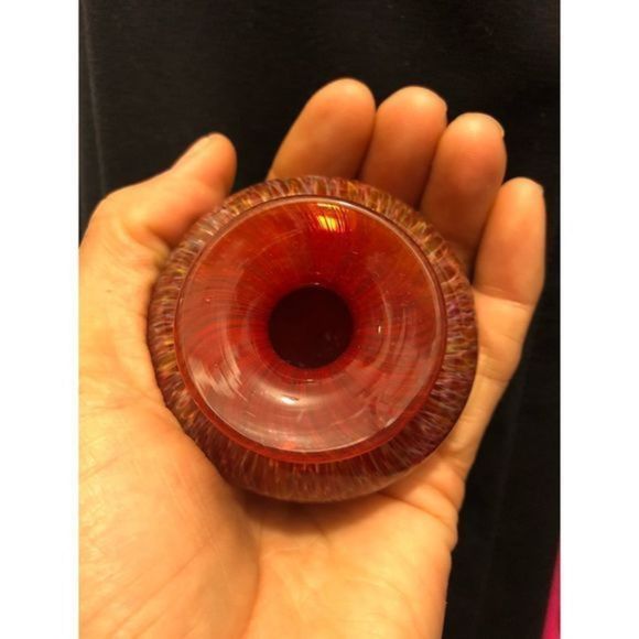 Vintage Art Glass Tiny Bud Vase Orange Red Swirl Hand Blown Glass 2" Decorative - Picture 4 of 10